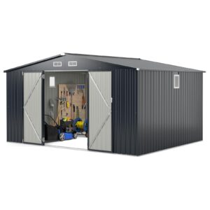 12 x 9.8 FT Outdoor Storage Shed, All-Weather & Rustproof Galvanized Metal Utility Tool Shed w/Lockable Door, Pitched Roof