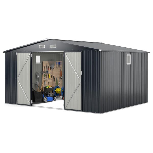 12 x 9.8 FT Outdoor Storage Shed, All-Weather & Rustproof Galvanized Metal Utility Tool Shed w/Lockable Door, Pitched Roof