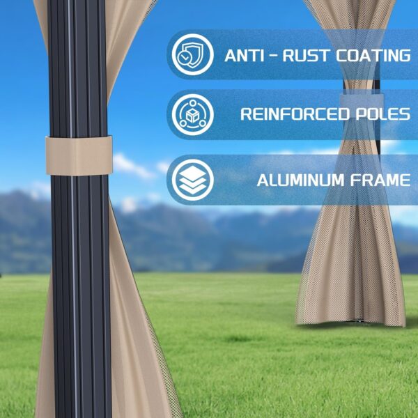 10’x10′ Hardtop Gazebo with double metal roof, aluminum frame, net, and curtain. All-weather, ideal for patio, deck, garden, backyard. Khaki. - Image 25