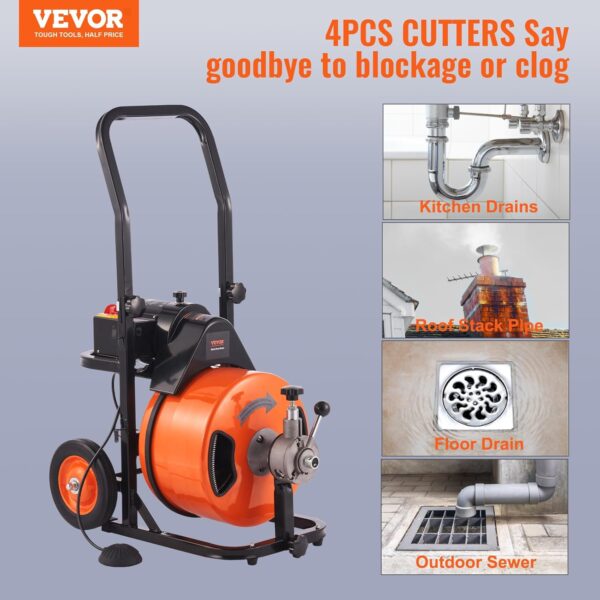 Drain Cleaner Machine 100FT x 1/2Inch, Auto Feed Sewer Snake Auger with 4 Cutter & Air-activated Foot Switch for 1" to 4" Pipes, Orange, Black - Image 3