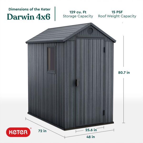 Keter Darwin 4 Foot x 6 Foot Outdoor Garden Tool Storage Shed w/Window, Graphite - Image 2