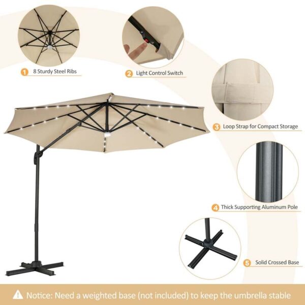 10 FT Cantilever Offset Patio Umbrella 28 Solar LED Lighted Market Umbrella with 3-Tilt Position, Crossed Base - Image 8