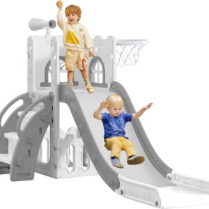 6 in 1 Toddler Slide for Toddler Age 1-3,Kids Climber Slider for Indoor Outdoor Playground with Basketball Hoop,Storage and Telescope,L Shaped Slide for Toddler Climber Playset