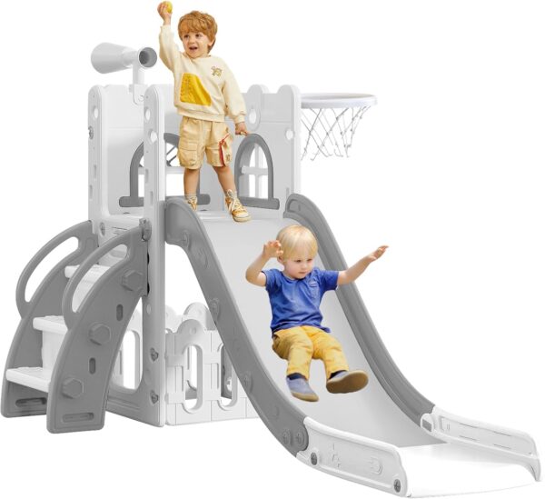 6 in 1 Toddler Slide for Toddler Age 1-3,Kids Climber Slider for Indoor Outdoor Playground with Basketball Hoop,Storage and Telescope,L Shaped Slide for Toddler Climber Playset
