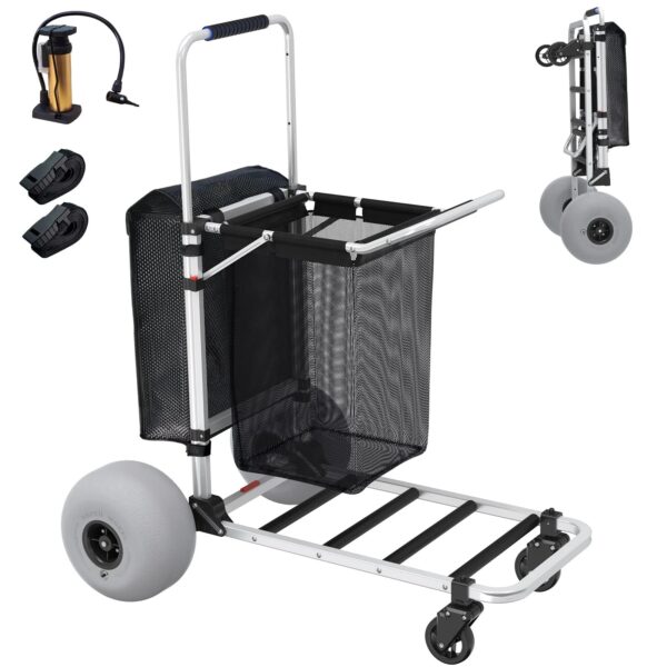 Foldable Beach Cart with Adjustable Handle and 12" Balloon Wheels, Heavy Duty Aluminum 220LBS Capacity - Image 2