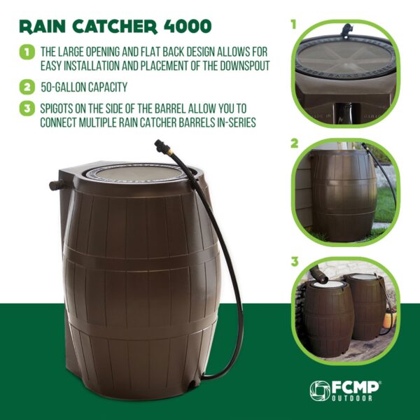 Outdoor RC4000 50 Gallon Outdoor Rain Water Catcher Barrel Container, Brown - Image 2