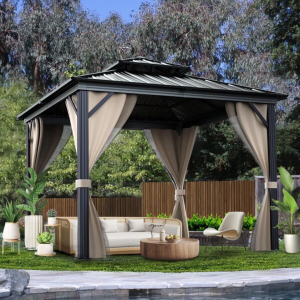 10’x10′ Hardtop Gazebo with double metal roof, aluminum frame, net, and curtain. All-weather, ideal for patio, deck, garden, backyard. Khaki. - Image 17