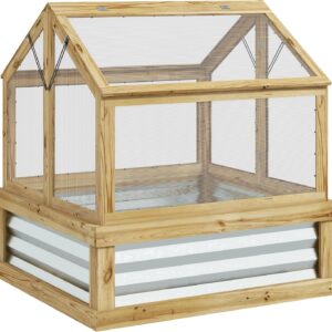 Raised Garden Bed with Polycarbonate Greenhouse, Wooden Cold Frame Greenhouse, Garden Flower Planter Protection, Peak Roof, 35.5" x 31.5" x 36", Natural