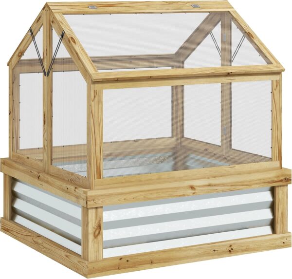 Raised Garden Bed with Polycarbonate Greenhouse, Wooden Cold Frame Greenhouse, Garden Flower Planter Protection, Peak Roof, 35.5" x 31.5" x 36", Natural