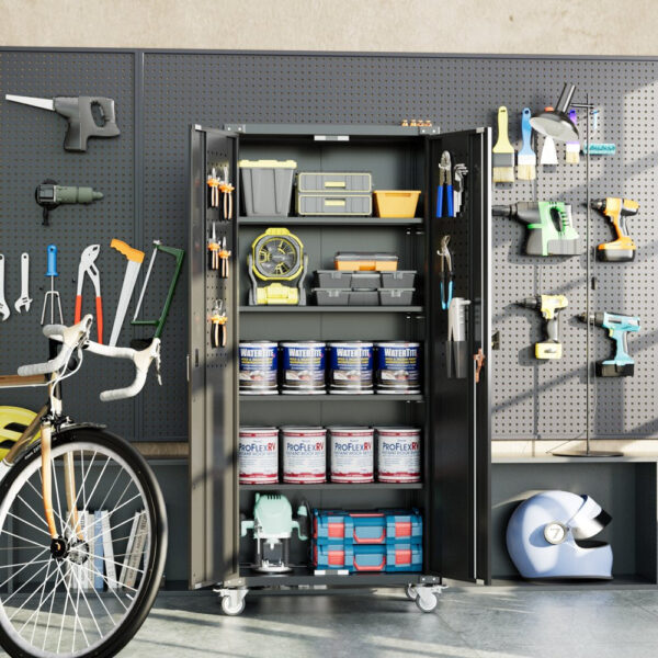 72 in Metal Garage Storage Cabinet with Wheels and Pegboard, Black Tall Rolling Tool Cabinet with 4 Adjustable Shelves - Image 2