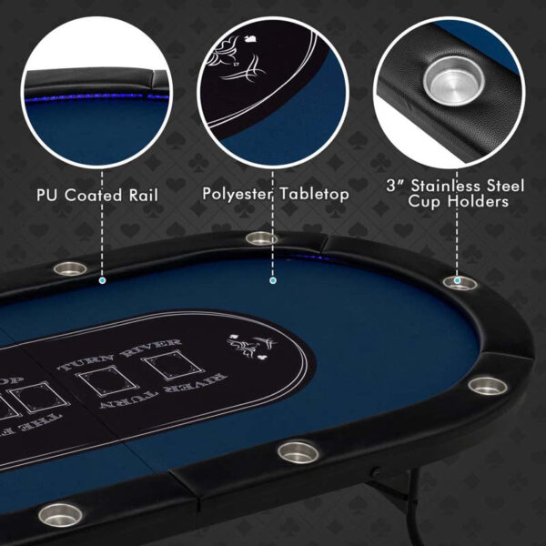 10 Players Folding Game Poker Table for Texas, Card Games, Casino Leisure Table with Cup Holder, 4 USB Ports, Extra Lights - Image 6