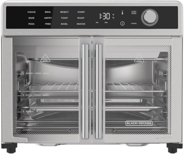 Fryer Toaster Oven Combo, 12 in 1 Countertop Convection Oven Cooks Food Fast, Fits a Whole Pizza or 6 Toast Slices, French Doors with Stainless Steel Finish