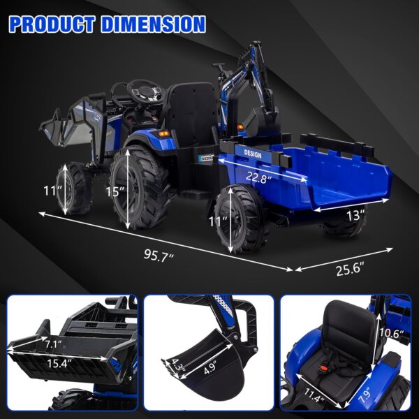 3-in-1 Ride-On Tractor, 24V Electric, Excavator & Bulldozer, Remote Control, LED, Music, USB/Bluetooth max 66 lbs – Bright-blue - Image 26
