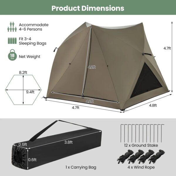 Pop-up Camping Tent for 4/5/6 Person, 6-Sided Family Tent w/Rainfly, Skylight, 3 Doors - Image 6