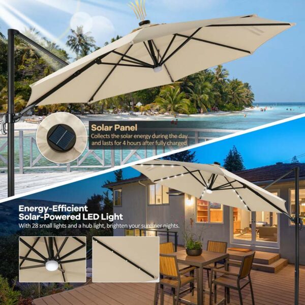 10 FT Cantilever Offset Patio Umbrella 28 Solar LED Lighted Market Umbrella with 3-Tilt Position, Crossed Base - Image 5