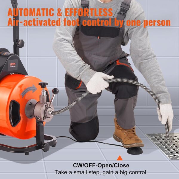 Drain Cleaner Machine 100FT x 1/2Inch, Auto Feed Sewer Snake Auger with 4 Cutter & Air-activated Foot Switch for 1" to 4" Pipes, Orange, Black - Image 10