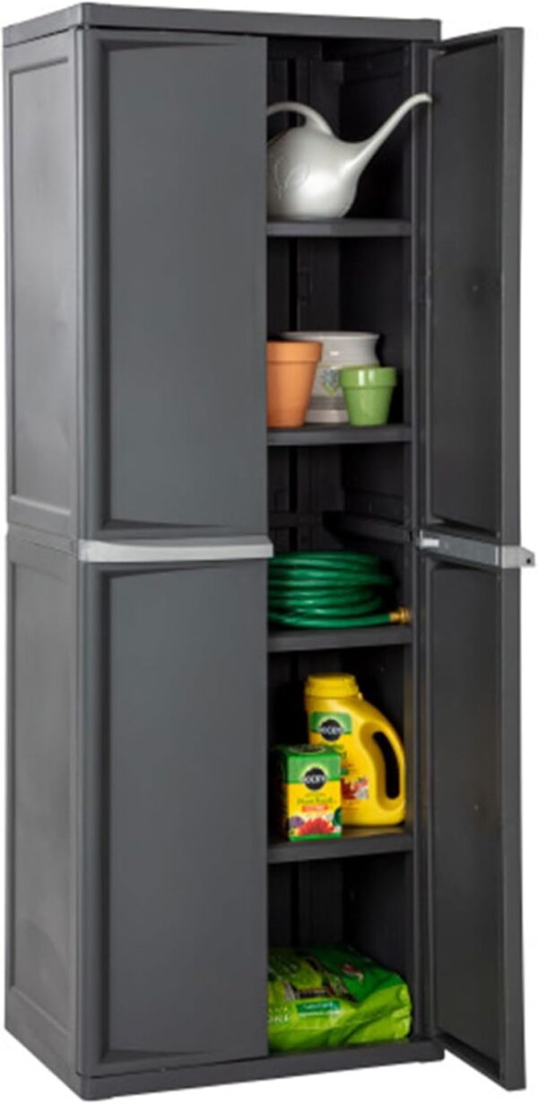 Storage Cabinet, Rugged Plastic Garage Organizer with Double Doors, 4 Adjustable Shelves, Gray - Image 8