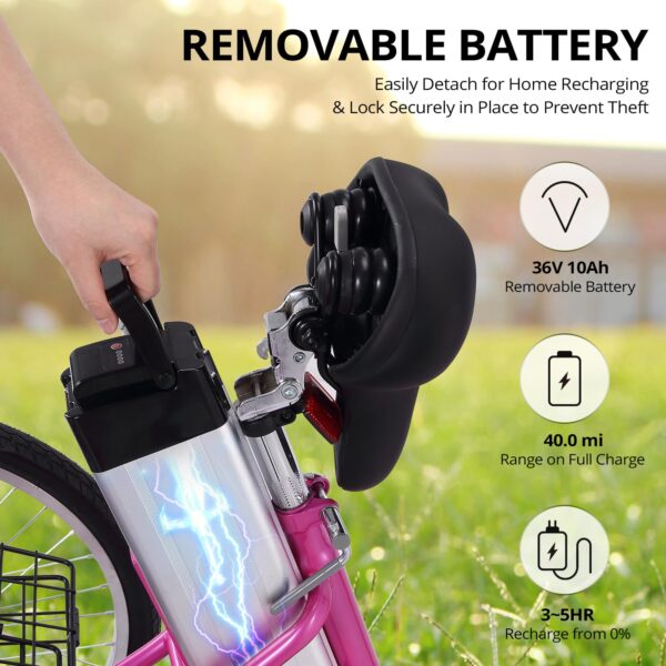 Electric Tricycle for Adults, 7 Speeds Folding Electric Trike, 24 Inch 3 Wheel Motorized Bicycle w/ 36V 10Ah Removable Battery, E Trikes with Large Basket, 330 Loading Capacity, 250W Motor, Pink - Image 31