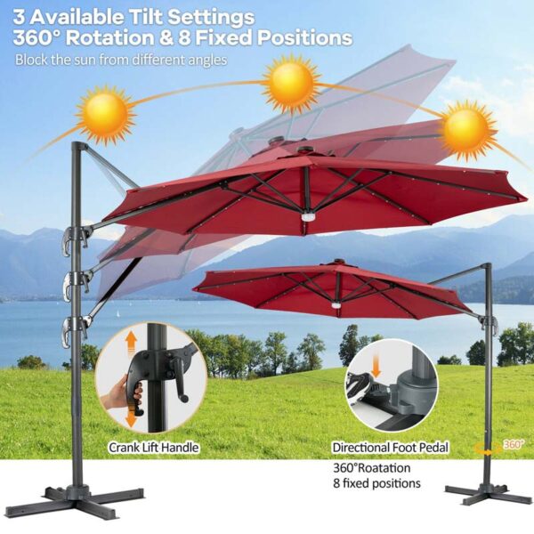 10 FT Cantilever Offset Patio Umbrella 28 Solar LED Lighted Market Umbrella with 3-Tilt Position, Crossed Base - Image 26