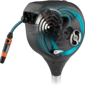 66' x 1/2" Automatic Retractable Garden Hose Reel on Metal Spike, 66' Outside Garden Hose Length, with 360° Rotation to Reach All Areas of Your Yard