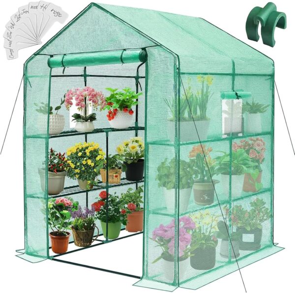 Greenhouse, 57 x 85 x 76'' Greenhouses for Outdoors, Portable Greenhouse Kit with Mesh Side Windows, PE Cover, 8 Shelves, Heavy Duty Walk in Green House for Backyard Garden Indoor Outside - Image 2