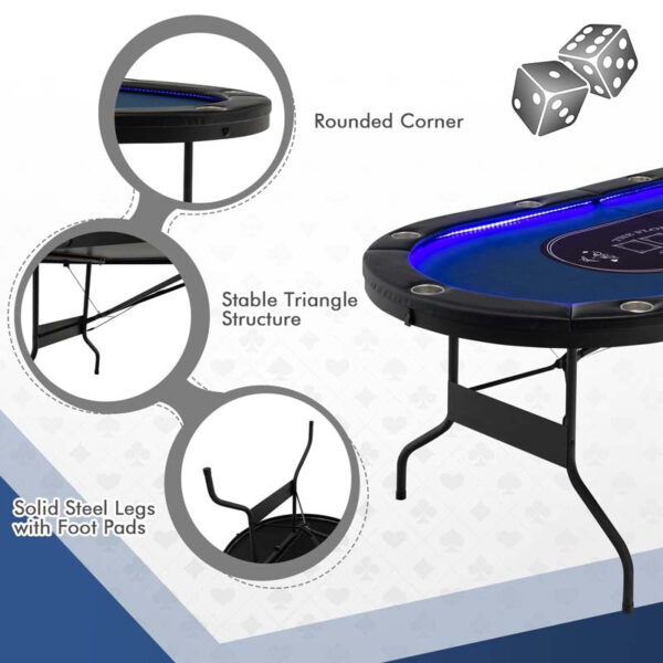 10 Players Folding Game Poker Table for Texas, Card Games, Casino Leisure Table with Cup Holder, 4 USB Ports, Extra Lights - Image 7