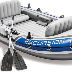 Excursion Inflatable Boat Series: Includes Deluxe 54in Boat Oars and High-Output Pump – SuperTough PVC – Adjustable Seats with Backrest – Fishing Rod Holders – Welded Oar Locks