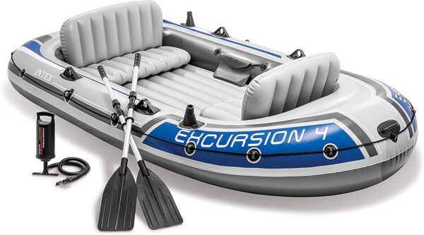 Excursion Inflatable Boat Series: Includes Deluxe 54in Boat Oars and High-Output Pump – SuperTough PVC – Adjustable Seats with Backrest – Fishing Rod Holders – Welded Oar Locks