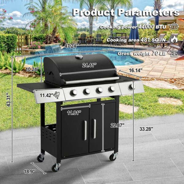 Upgraded 4 Burner BBQ Propane Gas Grill with Cast Iron Grates & Side Stove, 44,000 BTU Stainless Steel Burner Barbecue Grill for Patio, Camping, Outdoor Cooking MELLCOM - Image 52