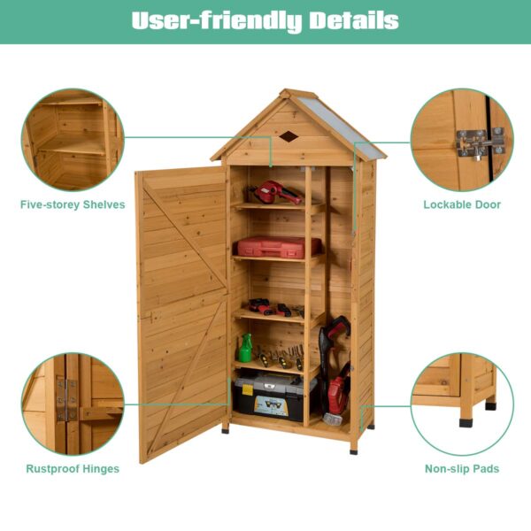 Outdoor Storage Shed, Lockable Fir Wood Garden Tool Storage Cabinet - Image 7