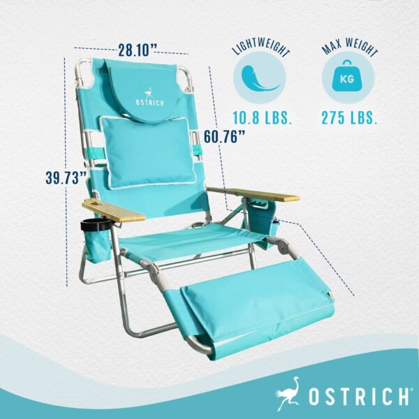 Ostrich Deluxe 3N1 Lightweight Outdoor Lawn Beach Lounge Chair w/Footrest, Aqua - Image 3