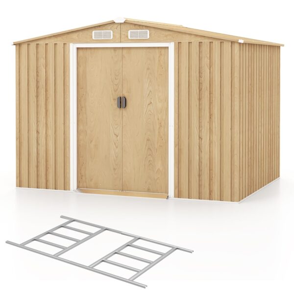 8' x 6' Woodgrain Outdoor Storage Shed, Galvanized Metal Tool House Organizer w/Base Floor, 4 Vents - Image 9