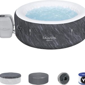 SaluSpa Fiji AirJet Large Round 2 to 4 Person Inflatable Hot Tub Portable Outdoor Spa with 120 AirJets and EnergySense Cover, Grey