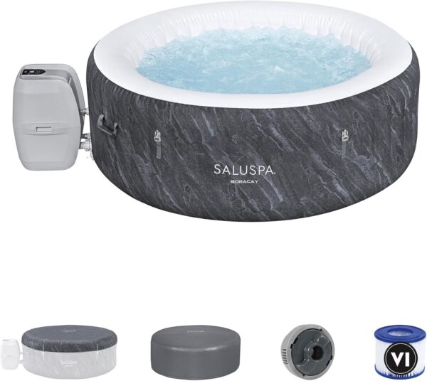 SaluSpa Fiji AirJet Large Round 2 to 4 Person Inflatable Hot Tub Portable Outdoor Spa with 120 AirJets and EnergySense Cover, Grey