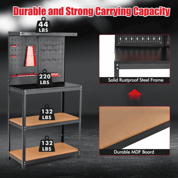 Workbench with Pegboard, Heavy-Duty Steel Tool Table with 2 Open Shelves, 13 Hanging Accessories Included - Image 3