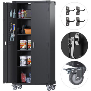 72 in Metal Garage Storage Cabinet with Wheels and Pegboard, Black Tall Rolling Tool Cabinet with 4 Adjustable Shelves