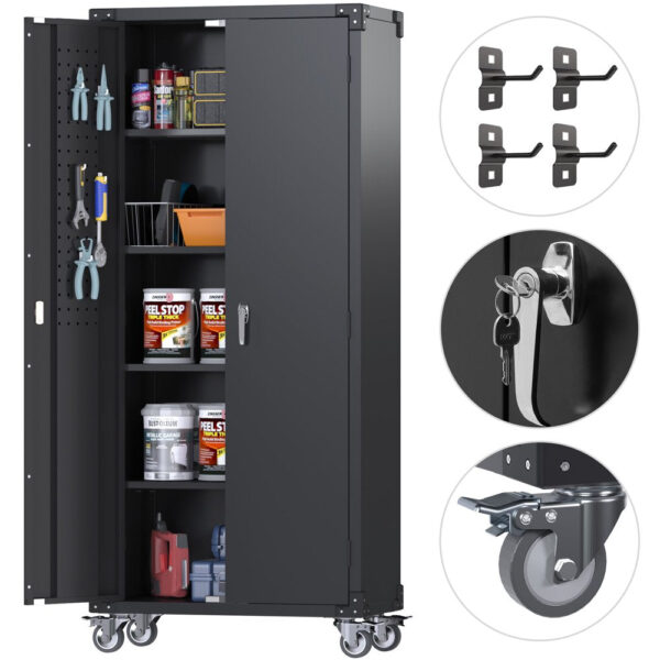 72 in Metal Garage Storage Cabinet with Wheels and Pegboard, Black Tall Rolling Tool Cabinet with 4 Adjustable Shelves