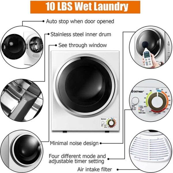 10 lbs Portable Clothes Dryer, Wall Mounted Front Load Dryer Tumble Dryer, Portable Dryer Machine for Apartments RV - Image 6