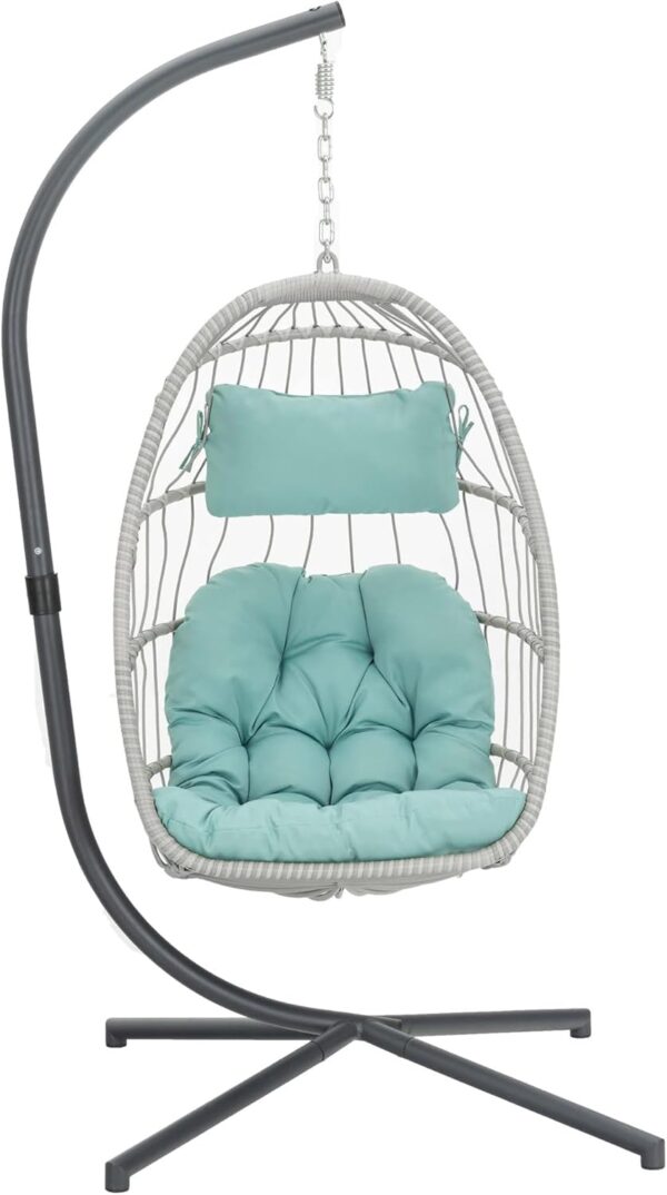 Indoor Outdoor Egg Hanging Chair with Stand, Patio Wicker Swing Egg Chair Indoor Swinging Chair Outdoor Hammock Egg Chair 350lbs Capacity for Patio Bedroom Balcony, Charcoal Grey (EG-001)