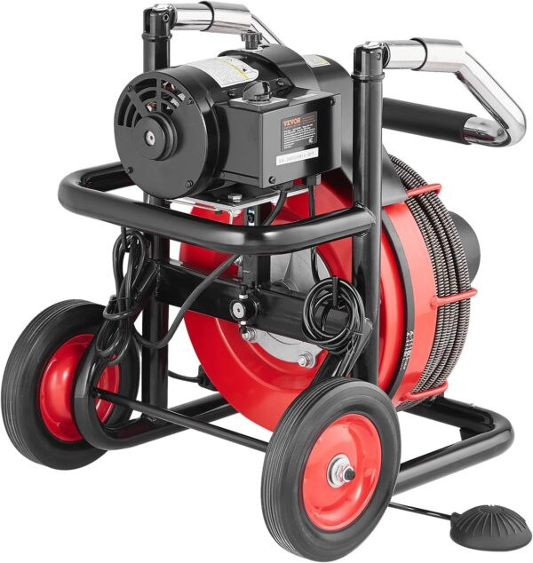 Drain Cleaner Machine 100FT x 1/2 Inch, Auto Feed Sewer Snake Auger on Wheels, 550W Portable Drain Cleaning Machine with 8 Cutters & Air-activated Foot Switch for 2" to 4" Pipes - Image 2