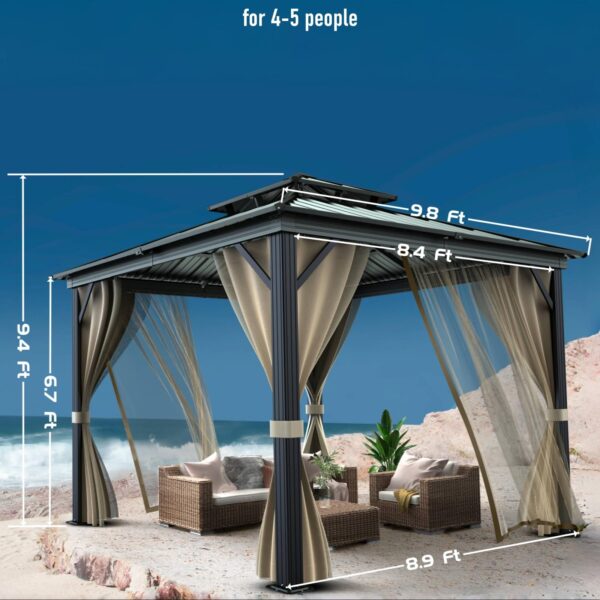 10’x10′ Hardtop Gazebo with double metal roof, aluminum frame, net, and curtain. All-weather, ideal for patio, deck, garden, backyard. Khaki. - Image 23
